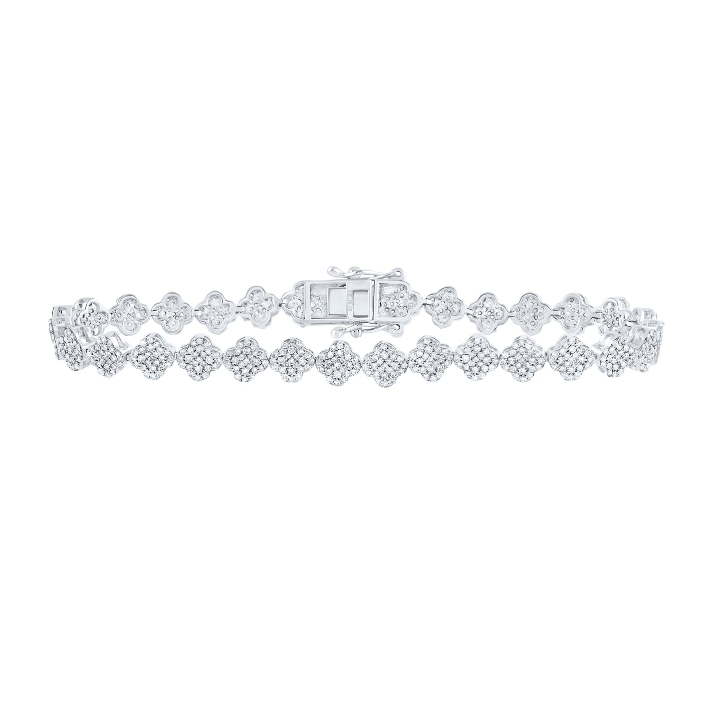10kt White Gold 2 1/4 Cttw Natural Diamond Fashion Clover Bracelet, Length: 7 Inch