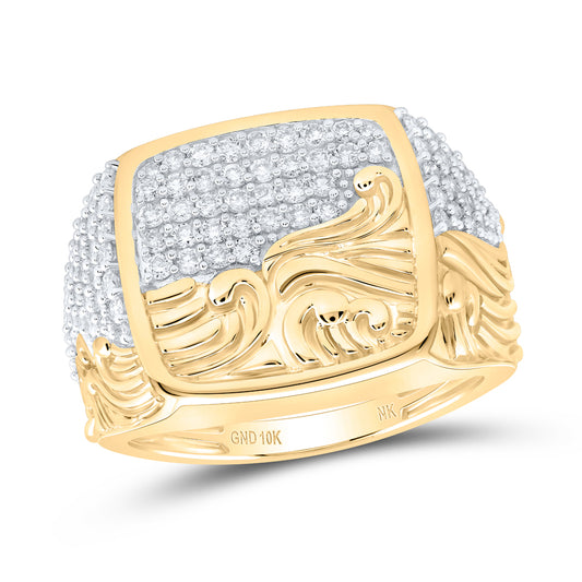 10kt Yellow Gold 1 Cttw Natural Diamond Ocean Waves Mens Ring, Men Size: 8-12