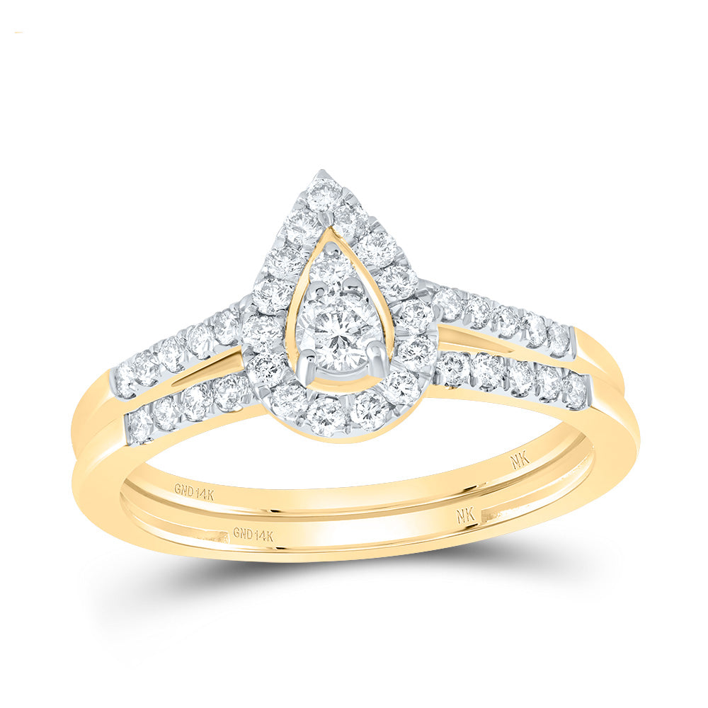 14kt Yellow Gold 1/2 Cttw Natural Diamond Pear Single Halo Wedding Engagement Anniversary Bridal Set, Women Size: 5-9