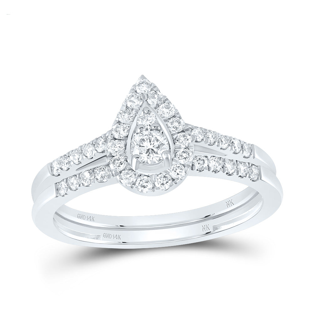 14kt White Gold 1/2 Cttw Natural Diamond Pear Single Halo Wedding Engagement Anniversary Bridal Set, Women Size: 5-9