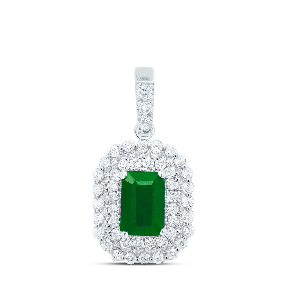 14K White Gold 1/3 Ctw Diamond 6X4MM Emerald Natural Gem Pendant