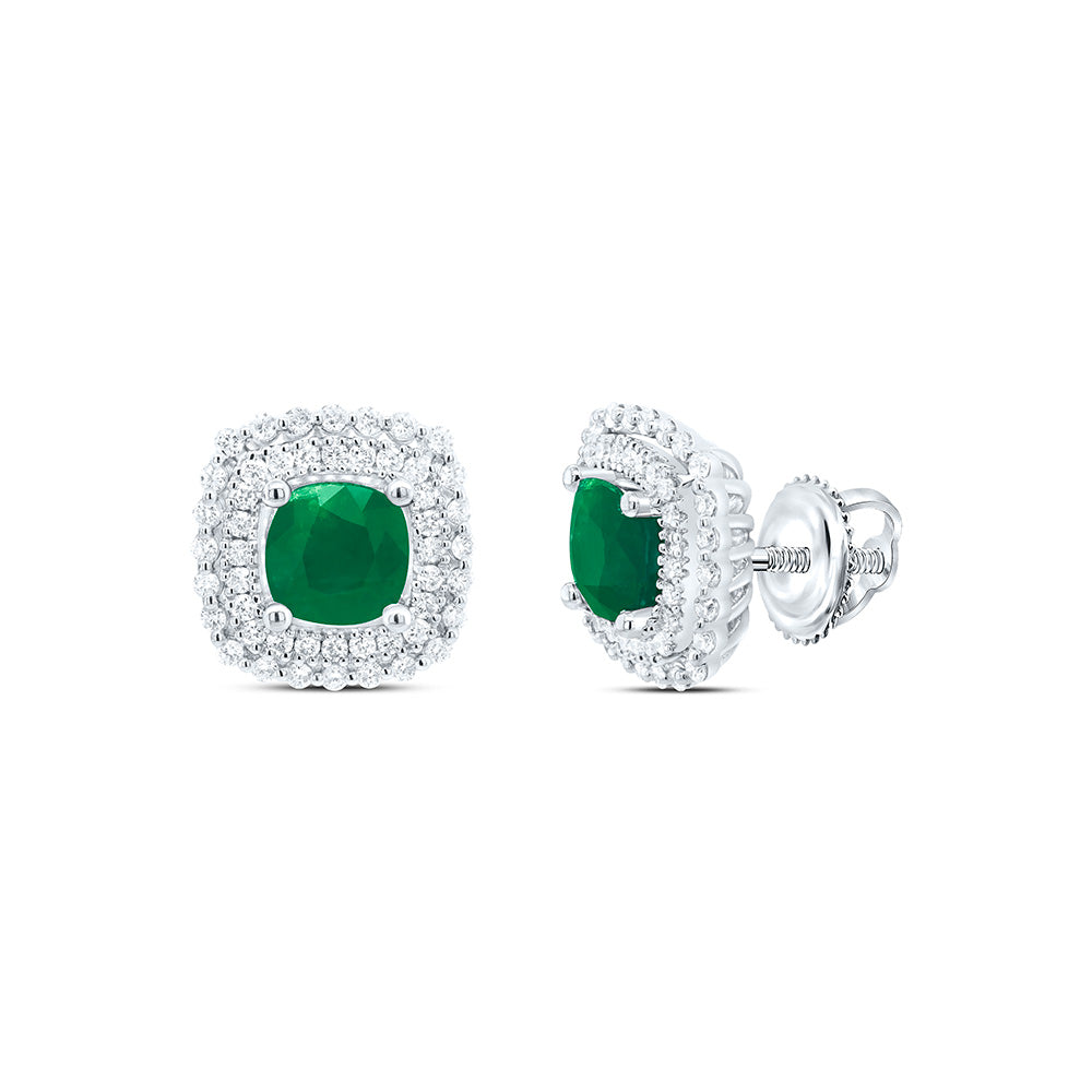 14K White Gold 5/8Ctw Natural Diamond Ana M 6Mm Cushion Emerald Natural Gem Earring