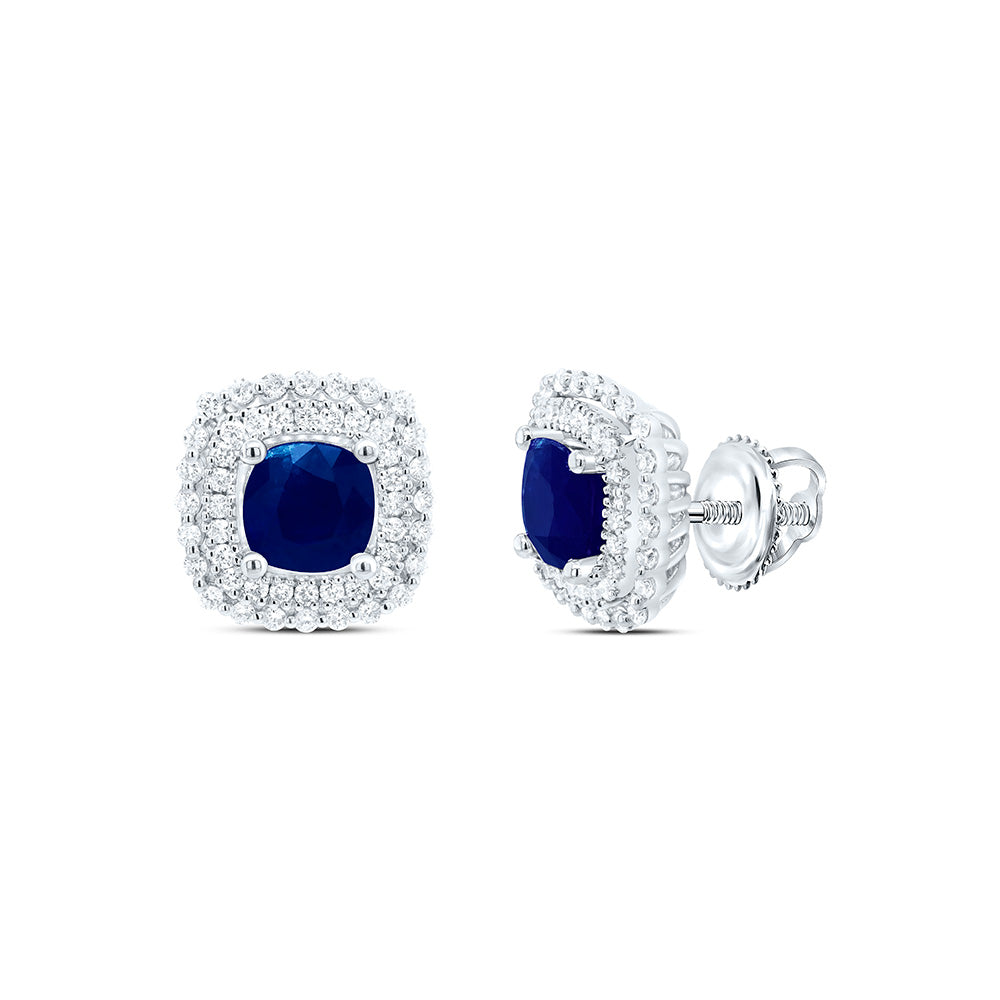 14kt White Gold 5/8 Cttw Natural Diamond Ana M 6 Mm Cushion Blue Sapphire Natural Gem Earring