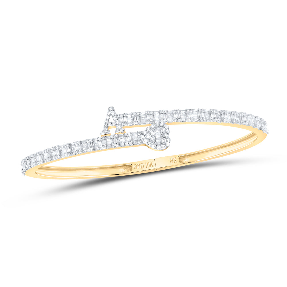 10kt Yellow Gold Natural Diamond Heart Initial Ladies Cuff Bangle