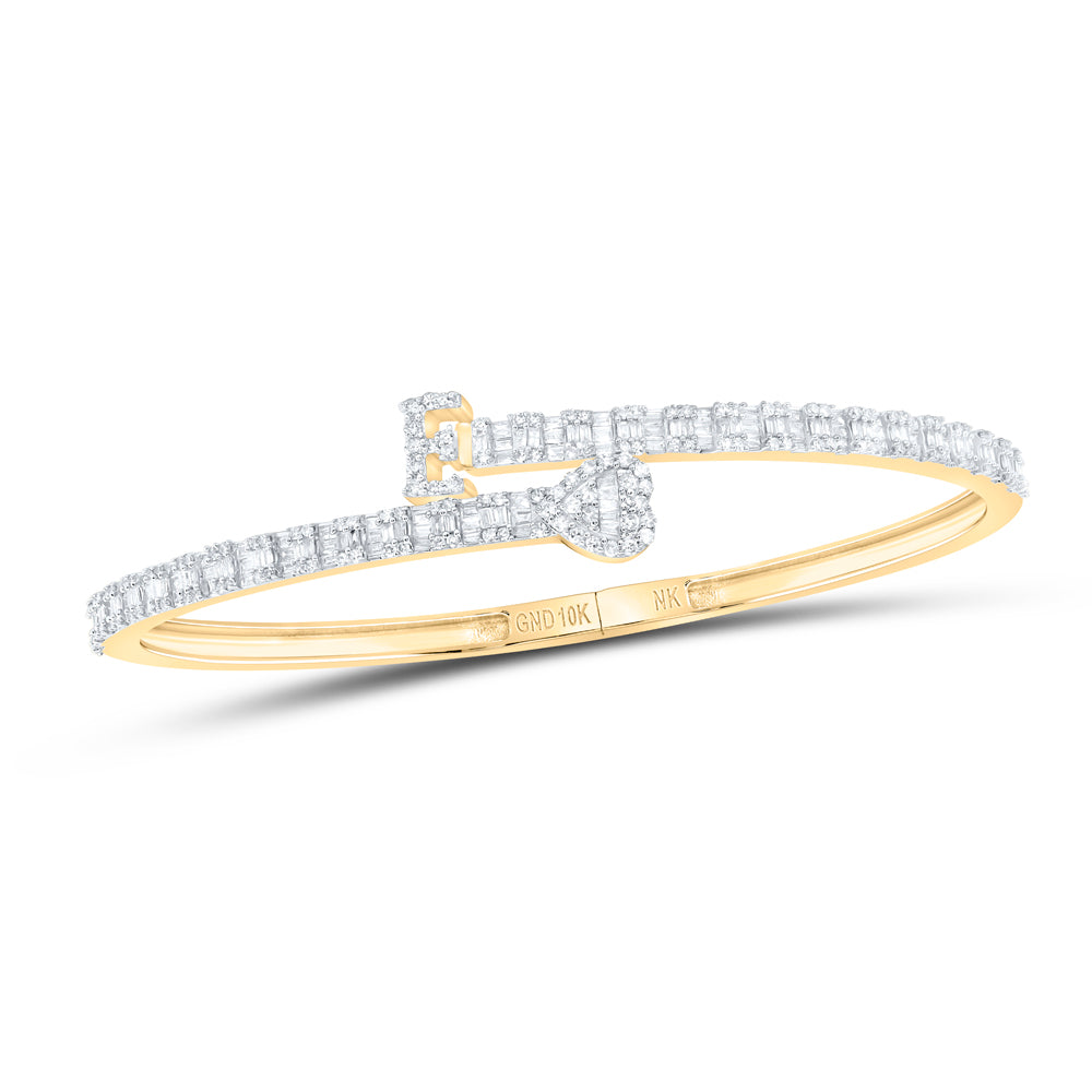 10kt Yellow Gold Natural Diamond Heart Initial Ladies Cuff Bangle