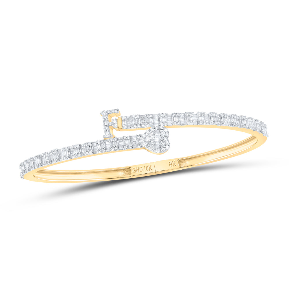 10kt Yellow Gold Natural Diamond Heart Initial Ladies Cuff Bangle