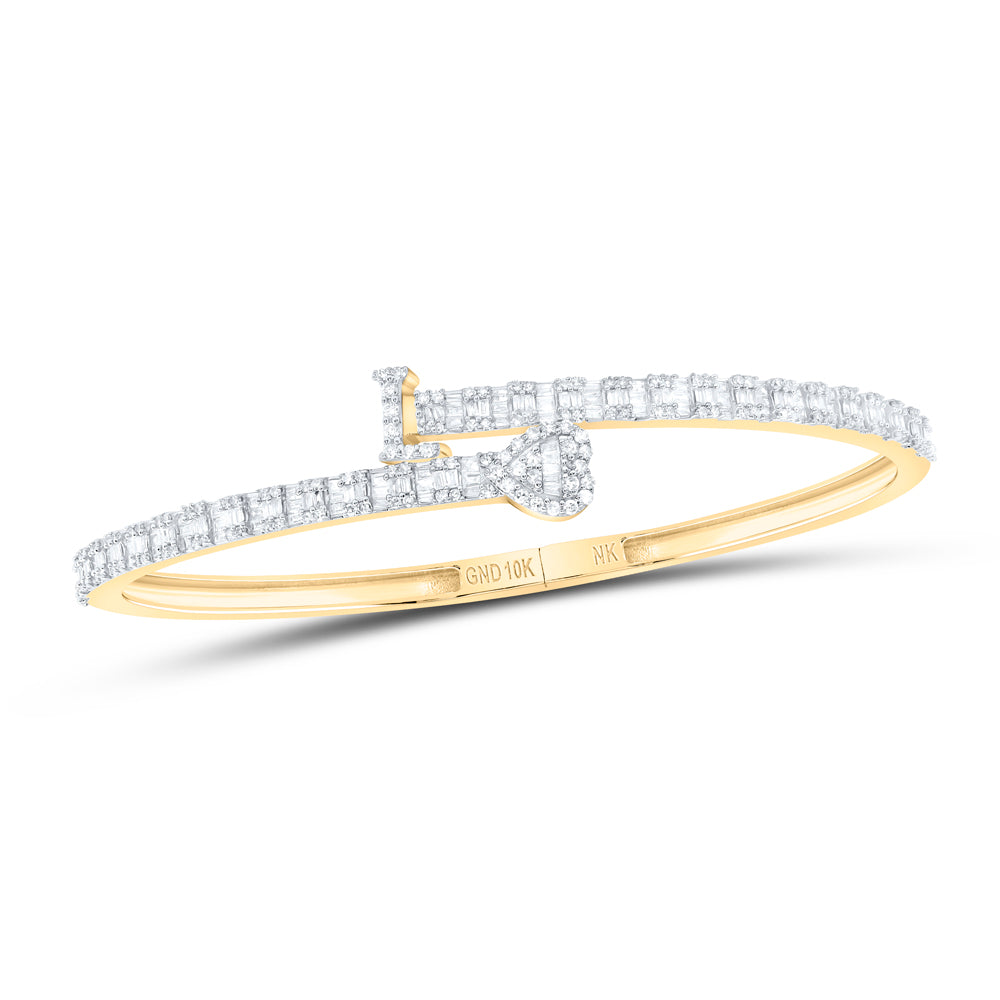 10kt Yellow Gold Natural Diamond Heart Initial Ladies Cuff Bangle