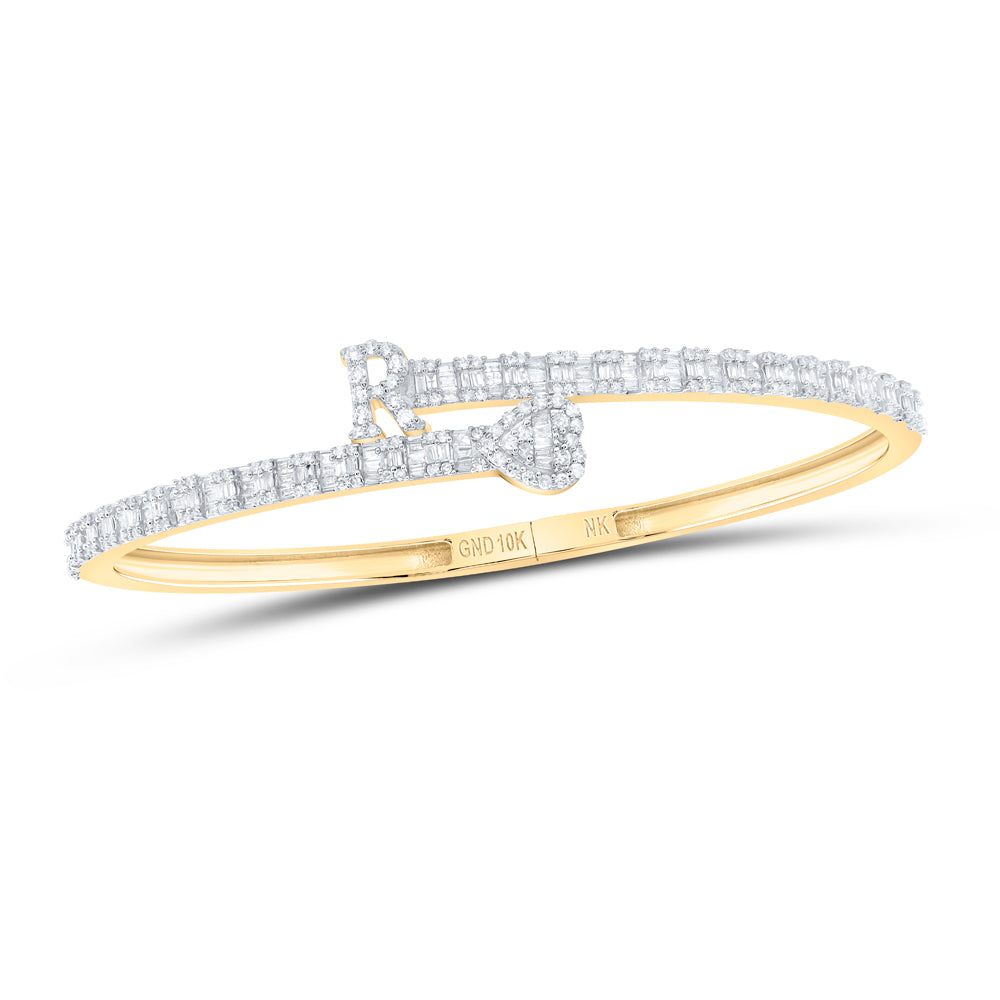 10kt Yellow Gold Natural Diamond Heart Initial Ladies Cuff Bangle