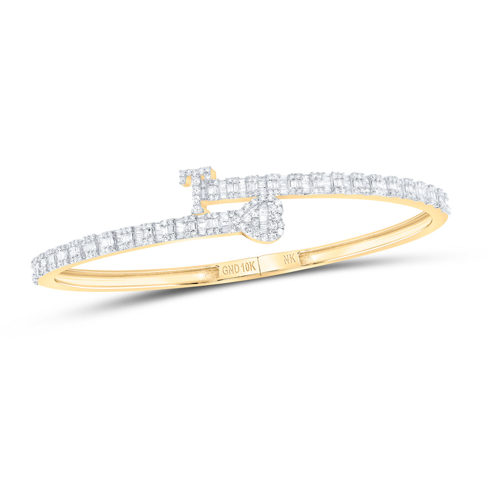 10kt Yellow Gold Natural Diamond Heart Initial Ladies Cuff Bangle