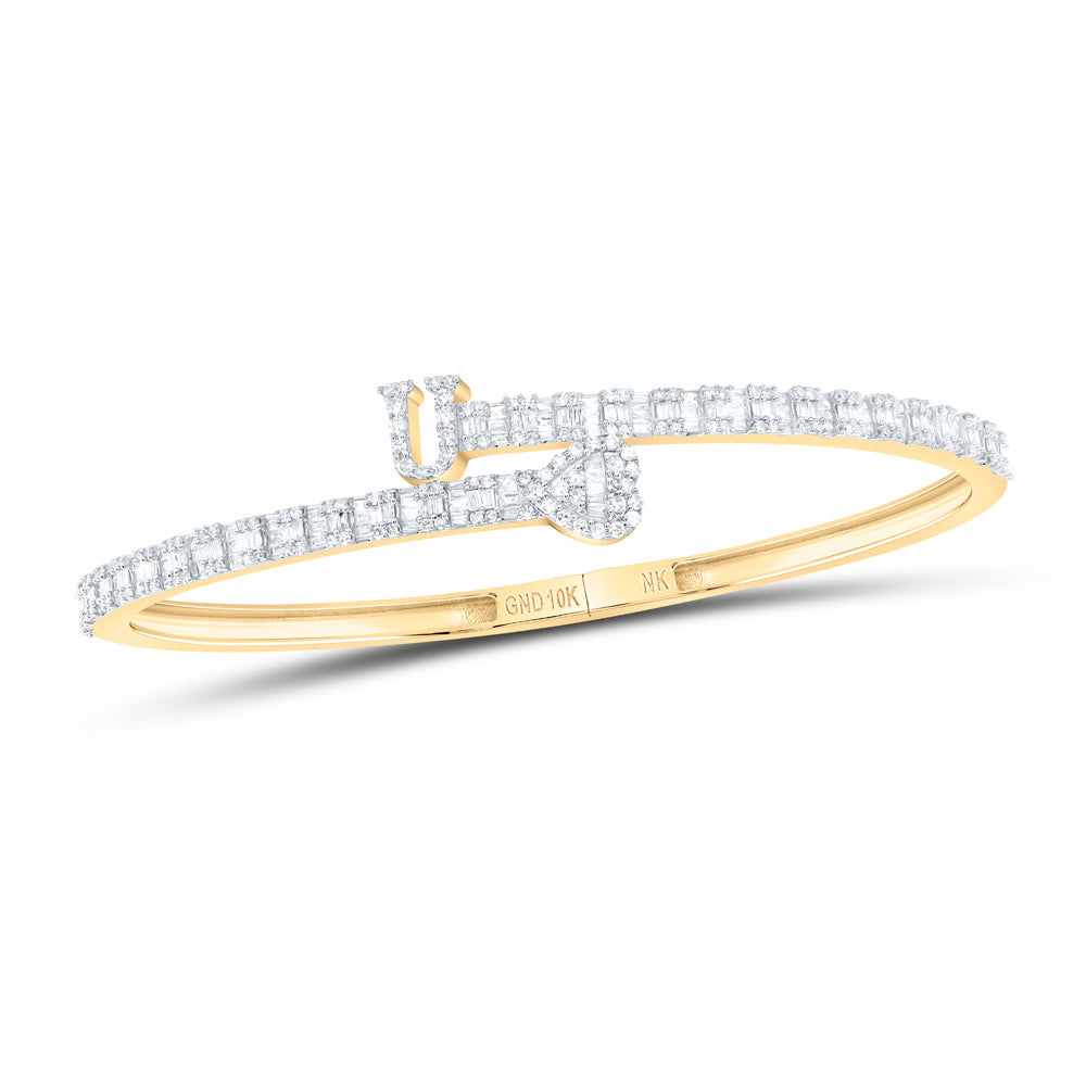 10kt Yellow Gold Natural Diamond Heart Initial Ladies Cuff Bangle