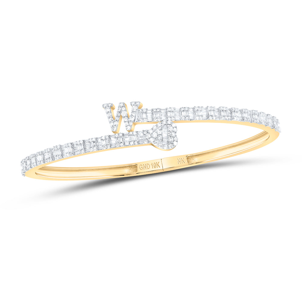10kt Yellow Gold Natural Diamond Heart Initial Ladies Cuff Bangle