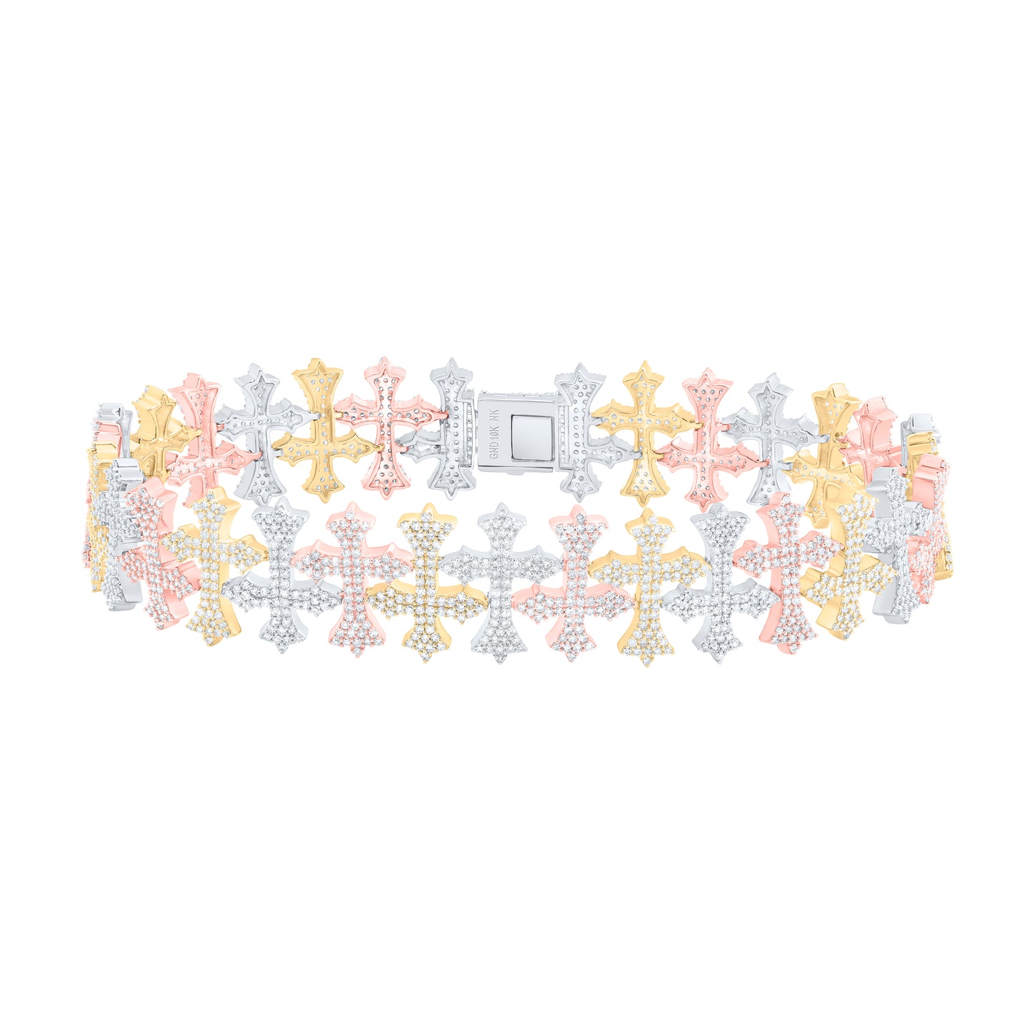 10kt Tri-tone Gold 5 3/8 Cttw Natural Diamond Cross Mens Bracelet, Length: 8.5 Inch
