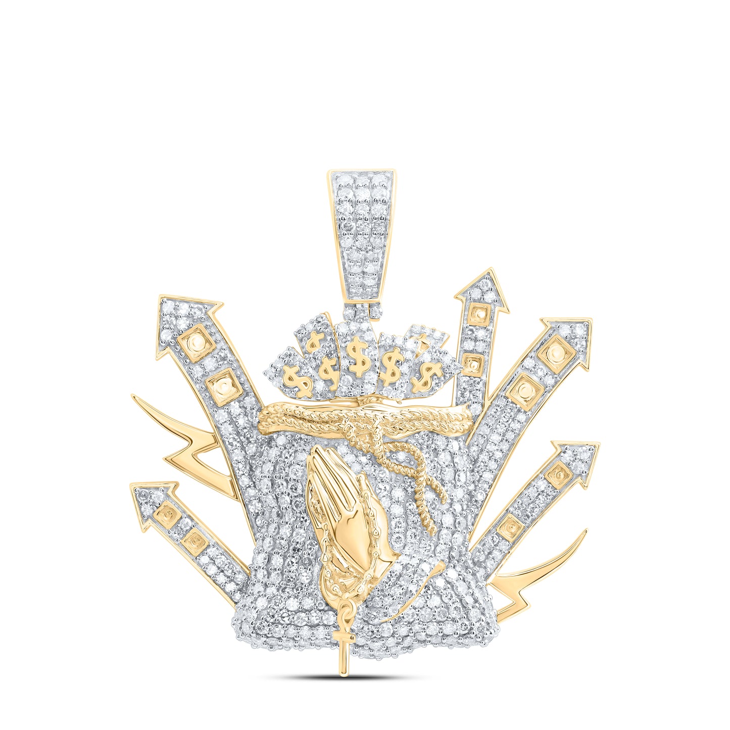 10kt Yellow Gold 2 7/8 Cttw Natural Diamond Money Bag Praying Hand Mens Charm