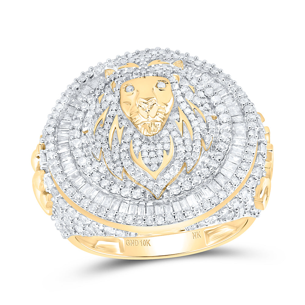 10kt Yellow Gold 3 Cttw Natural Diamond Lion Face Mens Ring, Men Size: 8-12