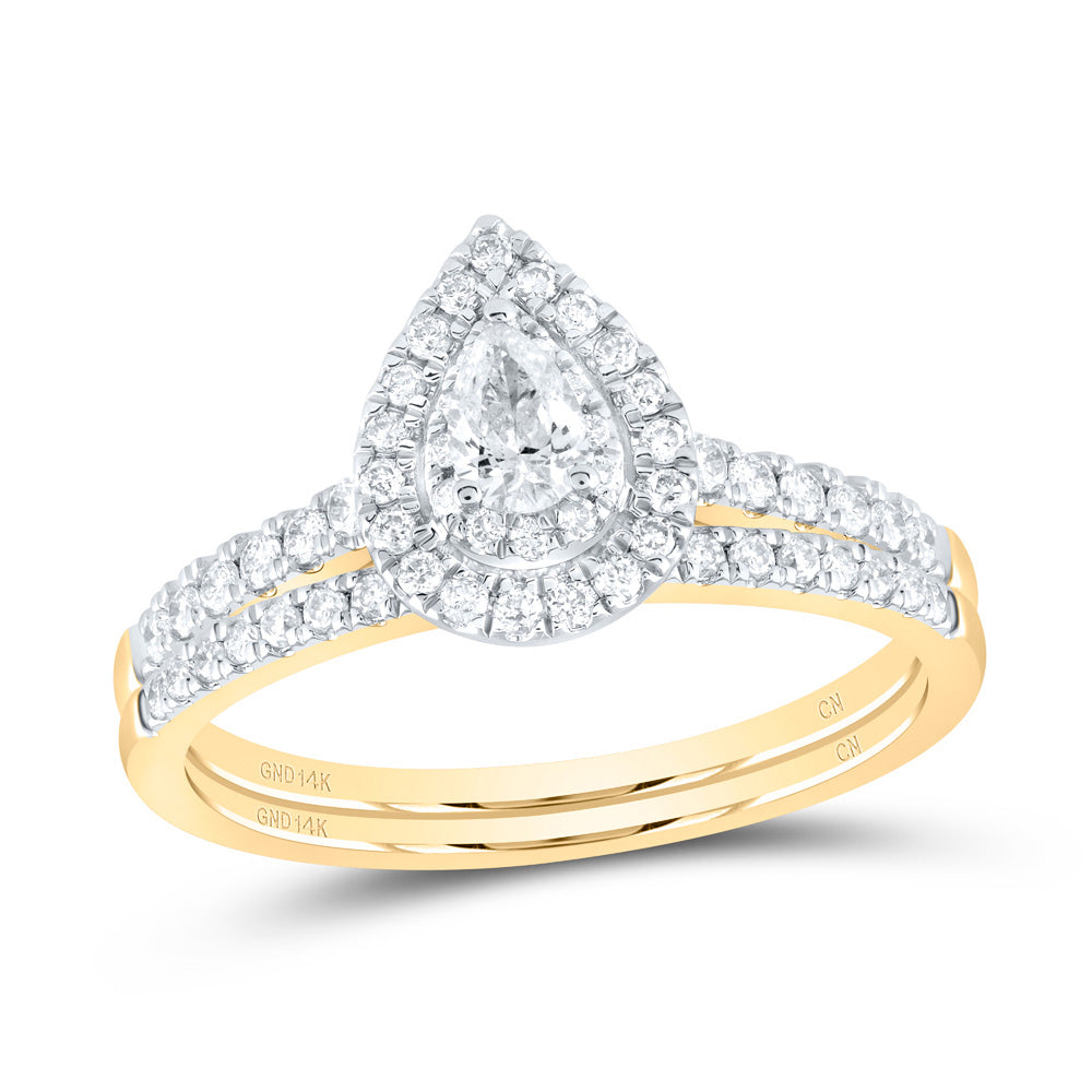 14kt Yellow Gold 1/2 Cttw Natural Diamond Pear Double Halo Wedding Engagement Anniversary Bridal Set, Women Size: 5-9