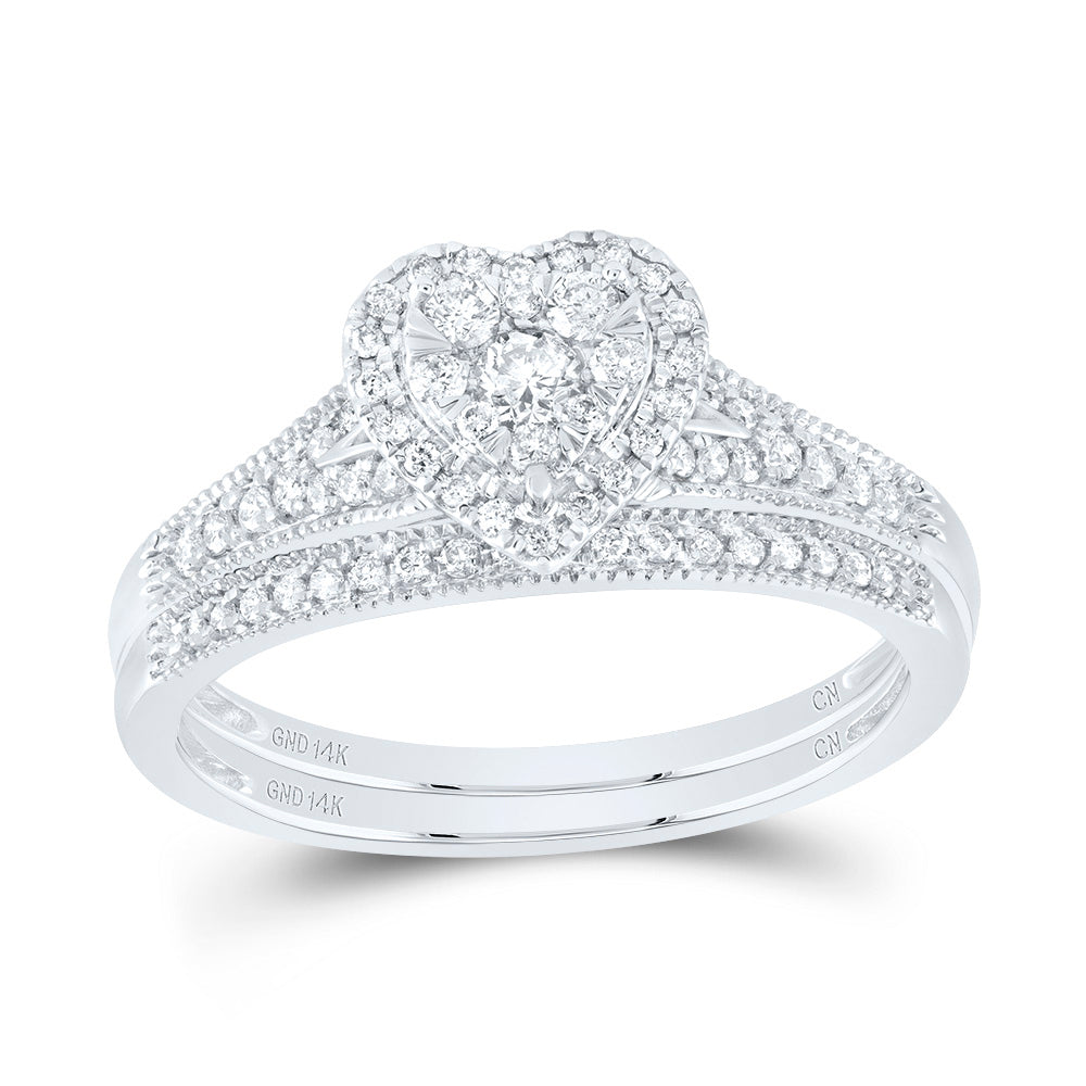 14kt White Gold 3/8 Cttw Natural Diamond Heart Single Halo Wedding Engagement Anniversary Bridal Set, Women Size: 5-9