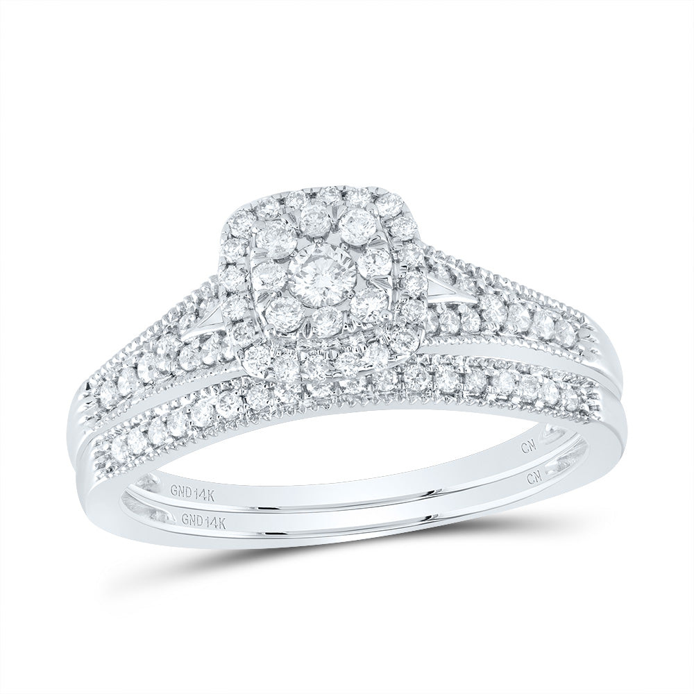 14kt White Gold 3/8 Cttw Natural Diamond Cushion Single Halo Wedding Engagement Anniversary Bridal Set, Women Size: 5-9