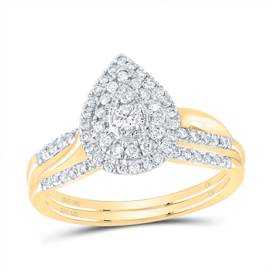 10kt Yellow Gold 3/8 Cttw Natural Diamond Pear Double Halo Wedding Engagement Anniversary Bridal Set, Women Size: 5-9