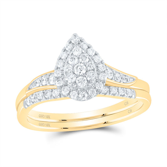 10kt Yellow Gold 3/8 Cttw Natural Diamond Pear Single Halo Wedding Engagement Anniversary Bridal Set, Women Size: 5-9