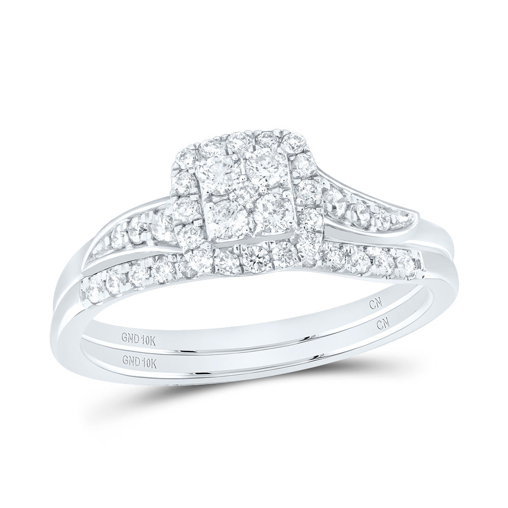 10kt White Gold 3/8 Cttw Natural Diamond Cushion Single Halo Wedding Engagement Anniversary Bridal Set, Women Size: 5-9