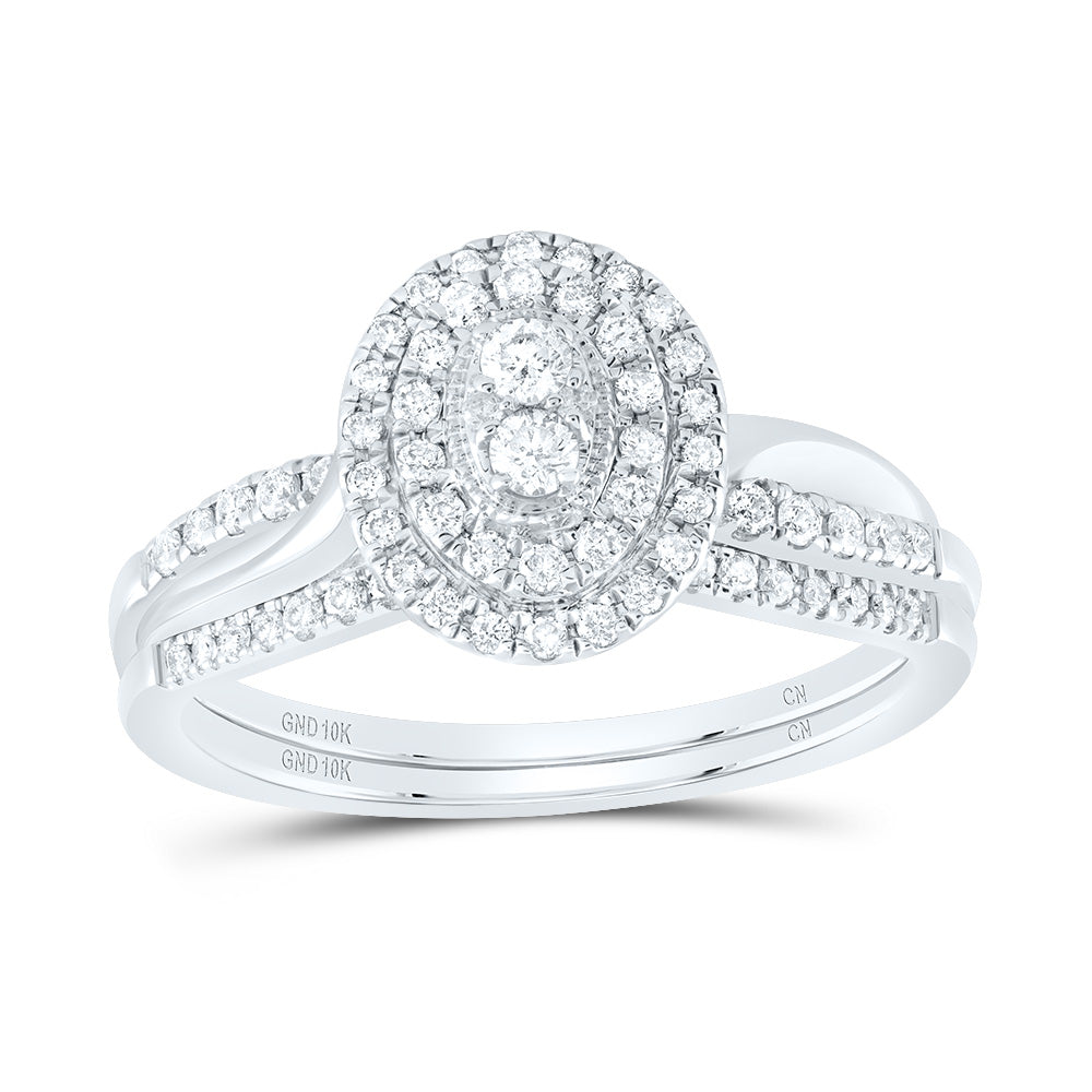 10kt White Gold 3/8 Cttw Natural Diamond Oval Double Halo Wedding Engagement Anniversary Bridal Set, Women Size: 5-9