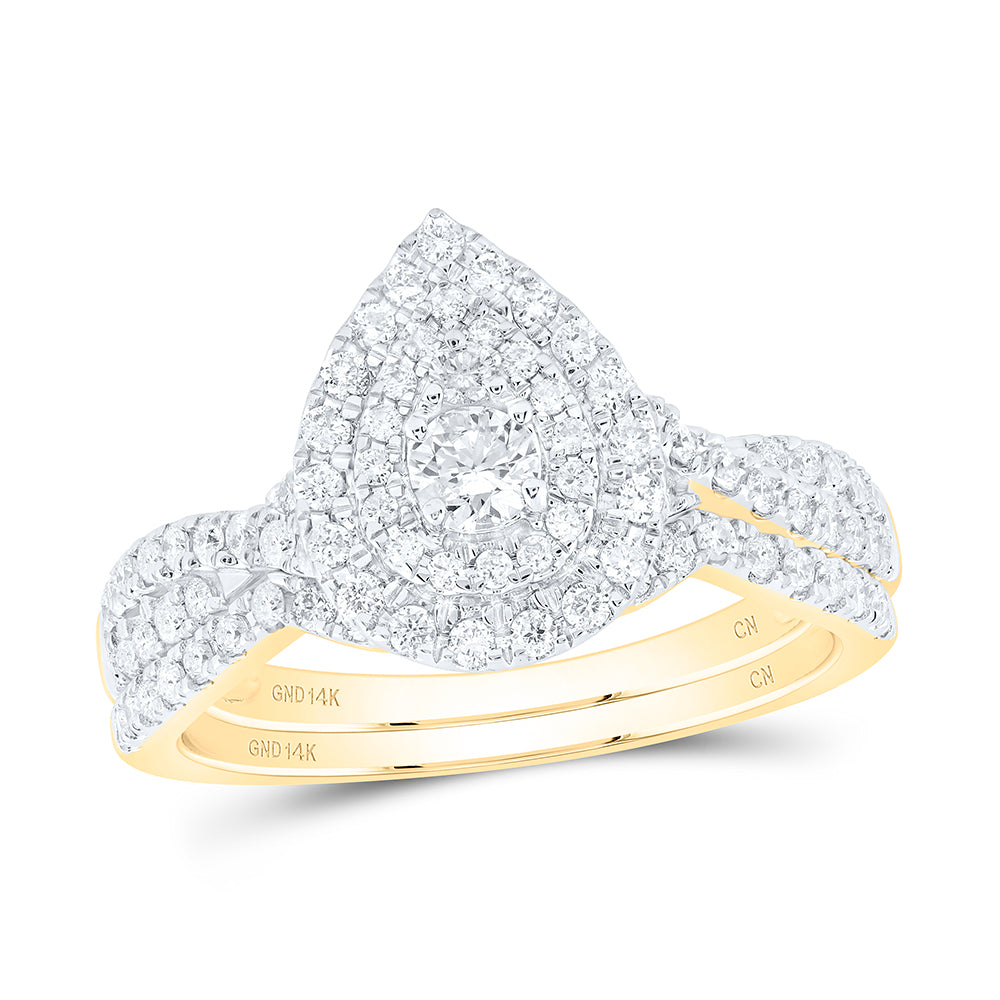 14kt Yellow Gold 3/4 Cttw Natural Diamond Pear Double Halo Wedding Engagement Anniversary Bridal Set, Women Size: 5-9