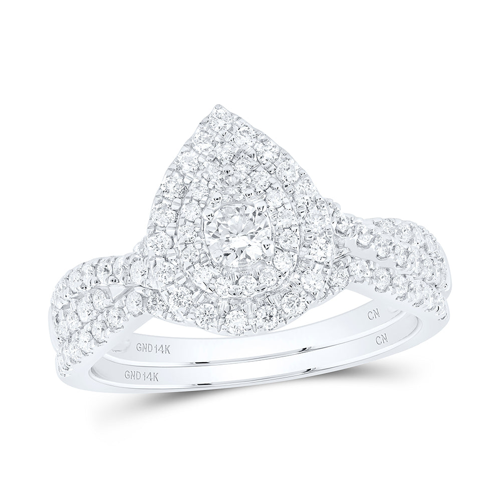 14kt White Gold 3/4 Cttw Natural Diamond Pear Double Halo Wedding Engagement Anniversary Bridal Set, Women Size: 5-9