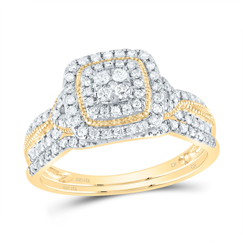 14kt Yellow Gold 1/2 Cttw Natural Diamond Cushion Double Halo Wedding Engagement Anniversary Bridal Set, Women Size: 5-9