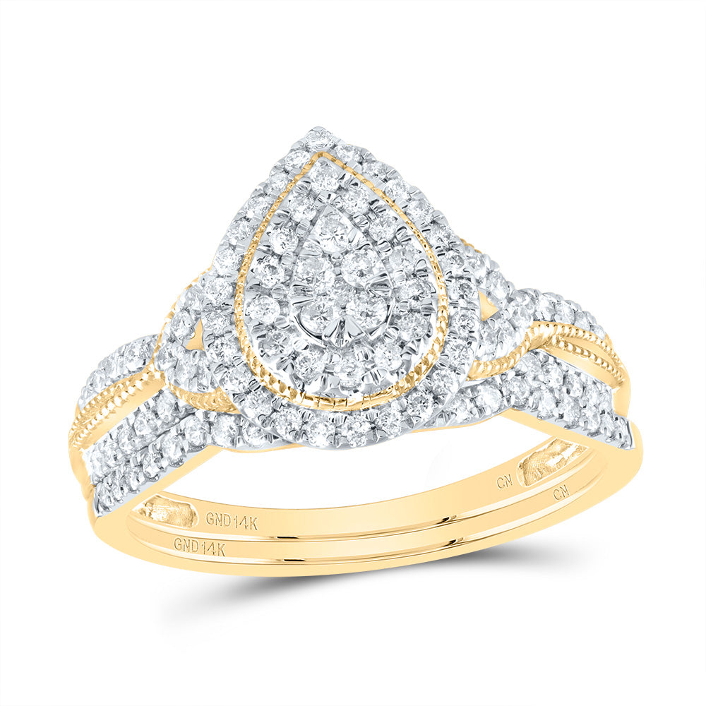 14kt Yellow Gold 1/2 Cttw Natural Diamond Pear Double Halo Wedding Engagement Anniversary Bridal Set, Women Size: 5-9
