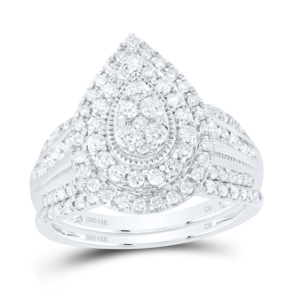 14kt White Gold 1 Cttw Natural Diamond Pear Double Halo Wedding Engagement Anniversary Bridal Set, Women Size: 5-9