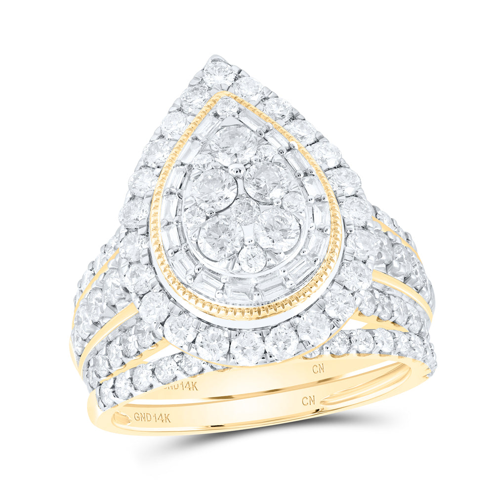 14kt Yellow Gold 2 1/3 Cttw Natural Diamond Pear Single Halo Wedding Engagement Anniversary Bridal Set, Women Size: 5-9