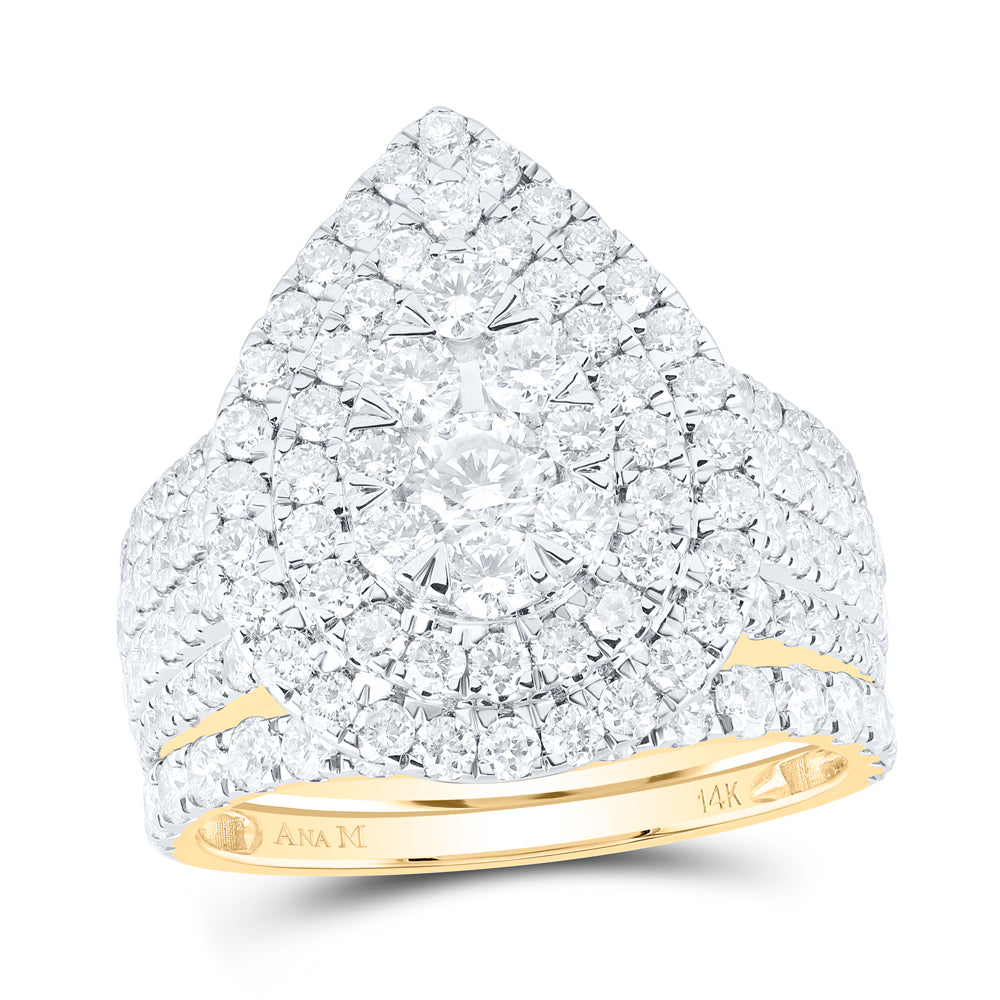 14kt Yellow Gold 3 Cttw Natural Diamond Ana M and 1/4 Cttw Round Pear Double Halo Wedding Engagement Anniversary Bridal Set, Women Size: 5-9