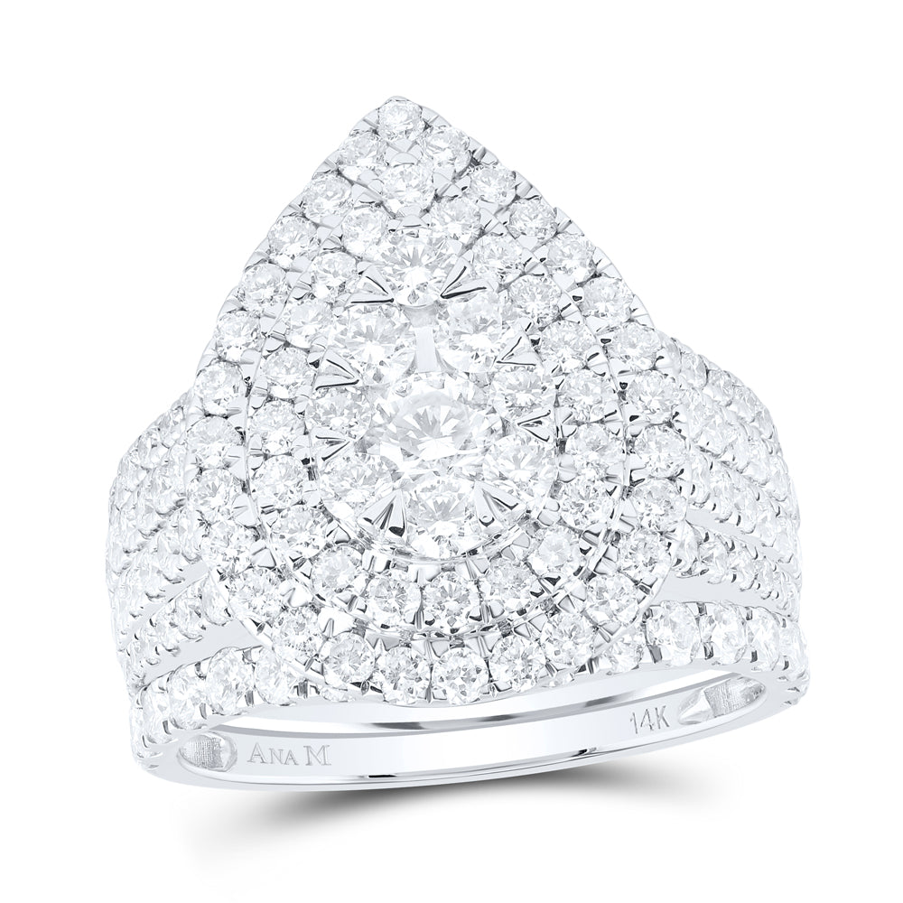 14kt White Gold 3 Cttw Natural Diamond Ana M and 1/4 Cttw Round Pear Double Halo Wedding Engagement Anniversary Bridal Set, Women Size: 5-9