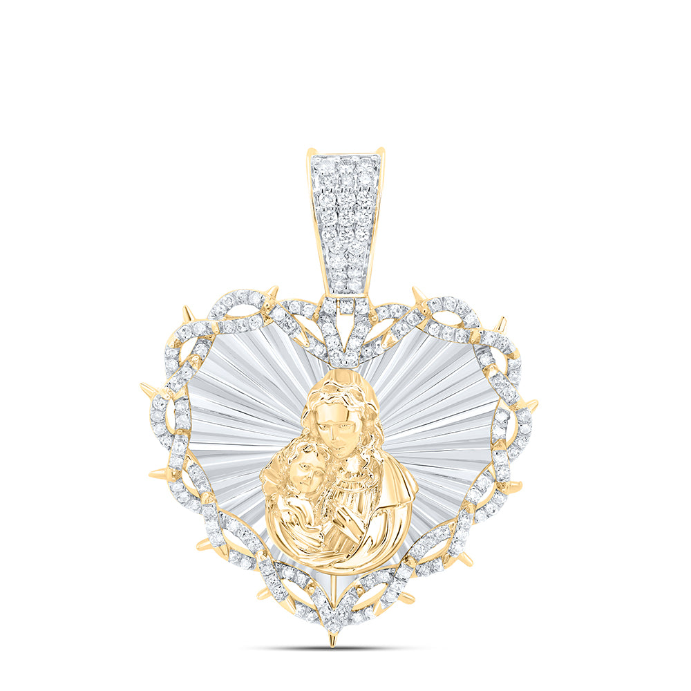 10kt Yellow Gold 3/4 Cttw Natural Diamond Mother Mary Heart Mens Charm