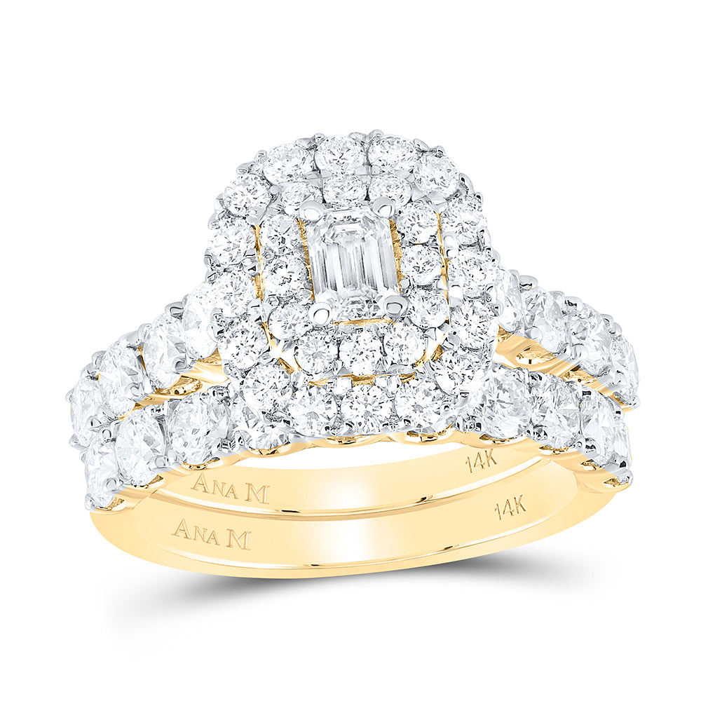 14kt Yellow Gold 2 7/8 Cttw Natural Diamond Ana M and 1/3 Cttw Emerald Double Halo Wedding Engagement Anniversary Bridal Set, Women Size: 5-9