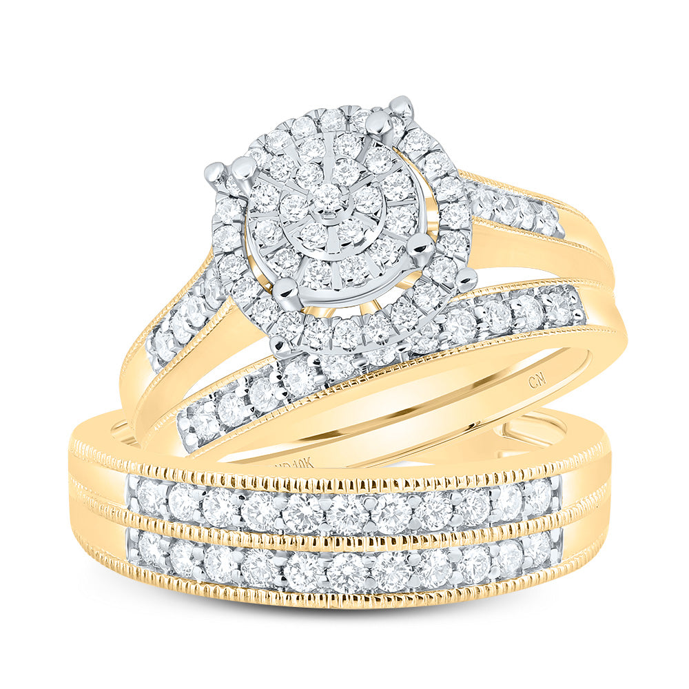10kt Yellow Gold His & Hers 1 Cttw Natural Diamond Fashion Bridal Wedding Ring Band Set, Women Size: 5-9, Men Size: 8-12