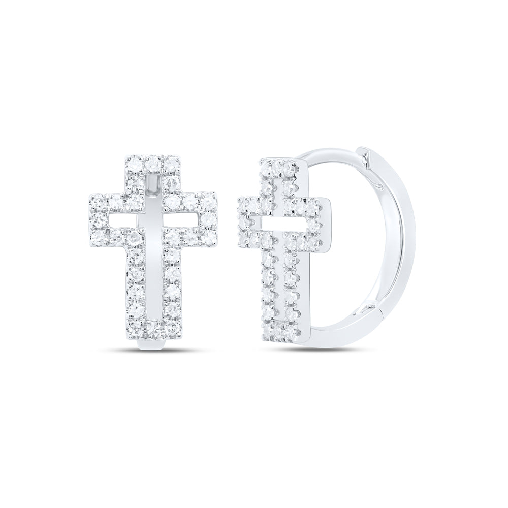 10kt White Gold 1/3 Cttw Natural Diamond Fashion Cross Huggies Hoop Earring