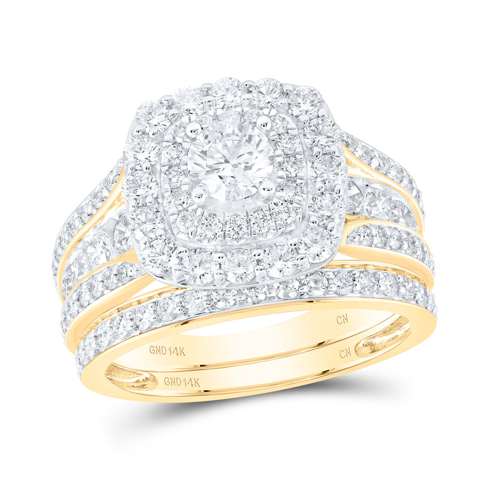 14kt Yellow Gold 2 Cttw Natural Diamond Ana M 3/8 Cttw Round Cushion Double Halo Wedding Engagement Anniversary Bridal Set, Women Size: 5-9