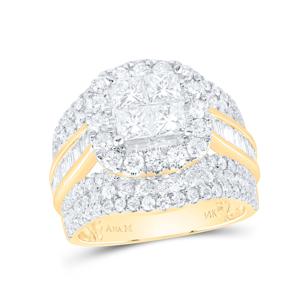 14kt Yellow Gold 3 3/8 Cttw Natural Diamond Cushion Single Halo Wedding Engagement Anniversary Bridal Set, Women Size: 5-9