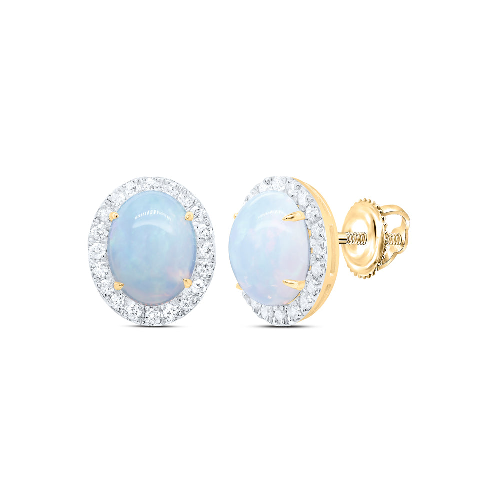 10kt Yellow Gold 3/8 Cttw Natural Diamond 9x7mm Opal Natural Gem Oval Stud Earring