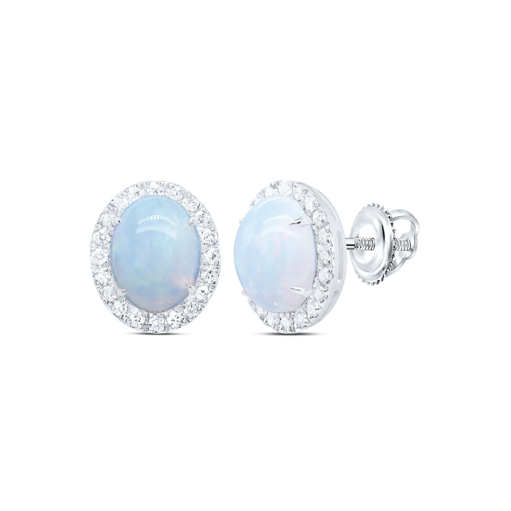 10kt White Gold 3/8 Cttw Natural Diamond 9x7mm Opal Natural Gem Oval Stud Earring