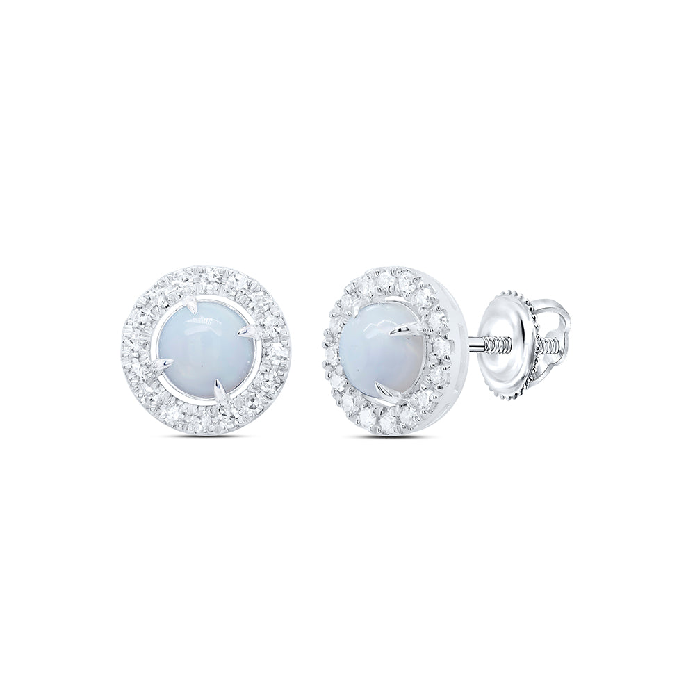 10kt White Gold 1/4 Cttw Natural Diamond 5mm Opal Natural Gem Round Stud Earring