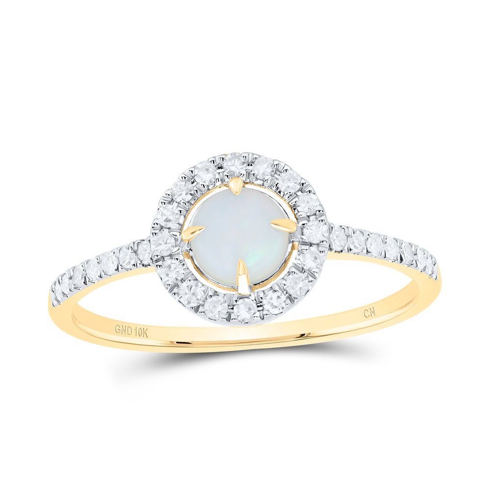 10kt Yellow Gold 1/5 Cttw Natural Diamond 5mm Opal Natural Gem Round Wedding Engagement Anniversary Ring, Women Size: 5-9