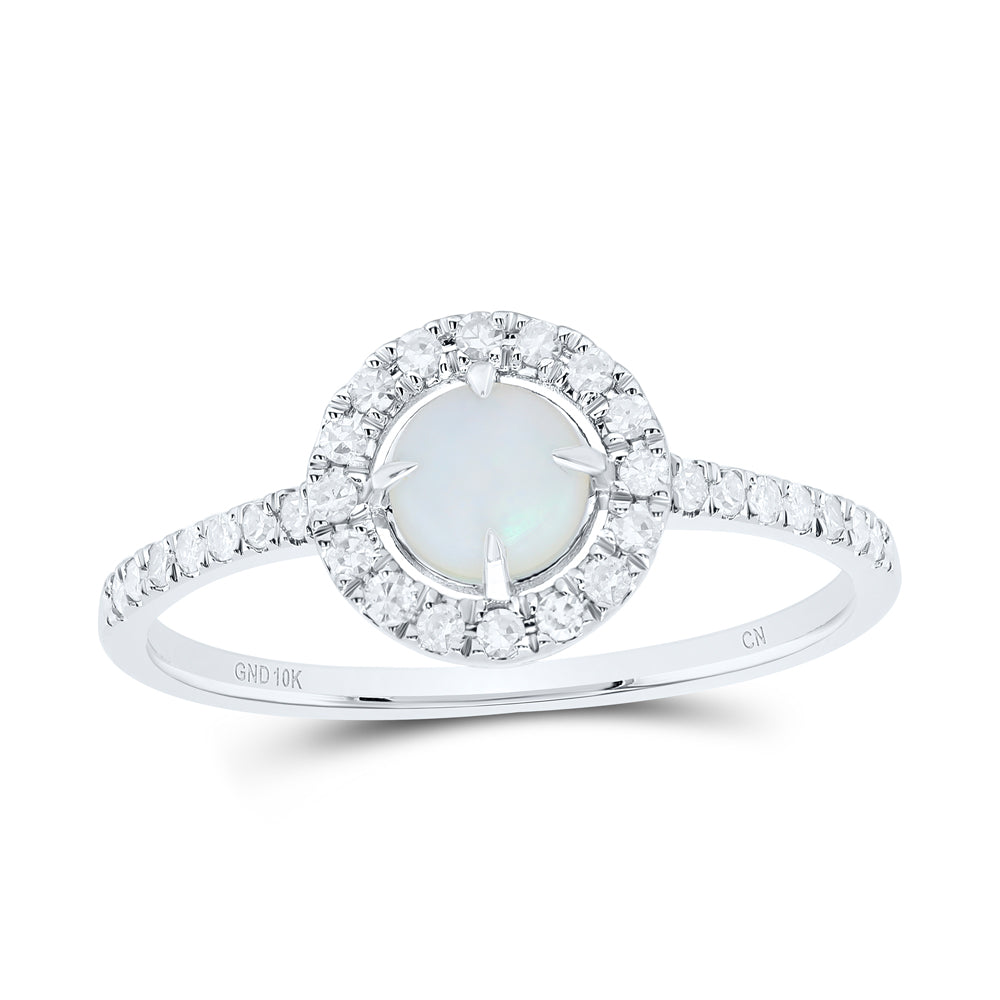 10kt White Gold 1/5 Cttw Natural Diamond 5mm Opal Natural Gem Round Wedding Engagement Anniversary Ring, Women Size: 5-9