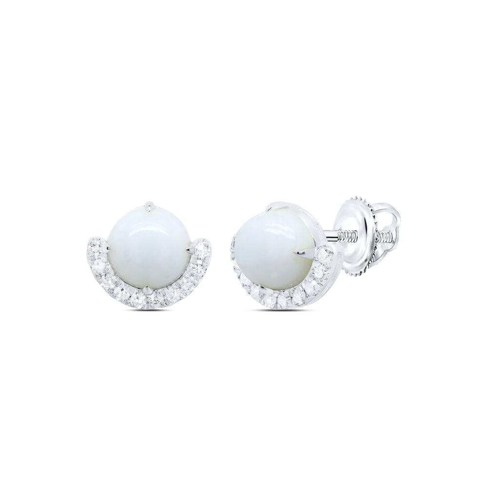 10kt White Gold 1/6 Cttw Natural Diamond 6mm Opal Natural Gem Round Stud Earring