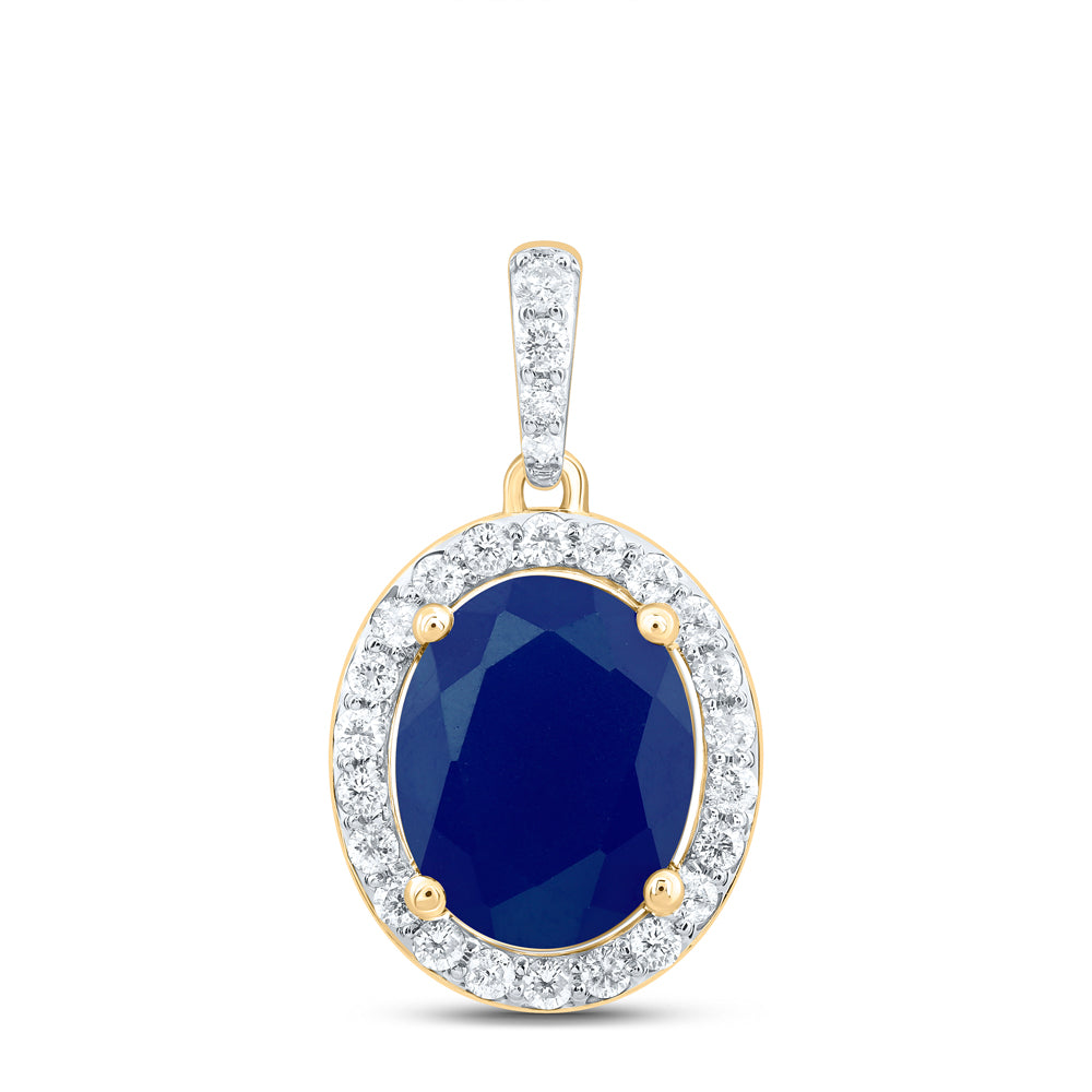 10kt Yellow Gold 1/3 Cttw Natural Diamond 10x8 Mm Oval Blue Sapphire Synthetic Pendant