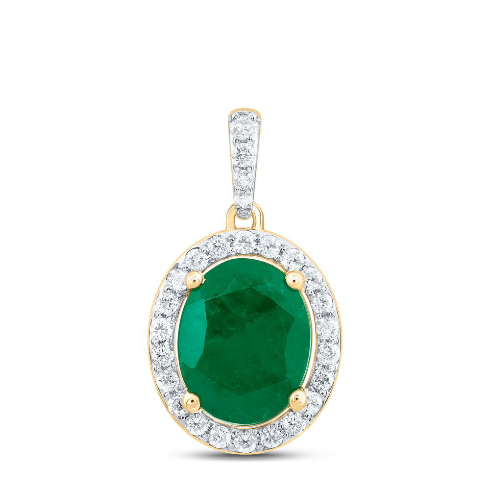 10kt Yellow Gold 1/3 Cttw Natural Diamond 10x8 Mm Oval Emerald Synthetic Pendant