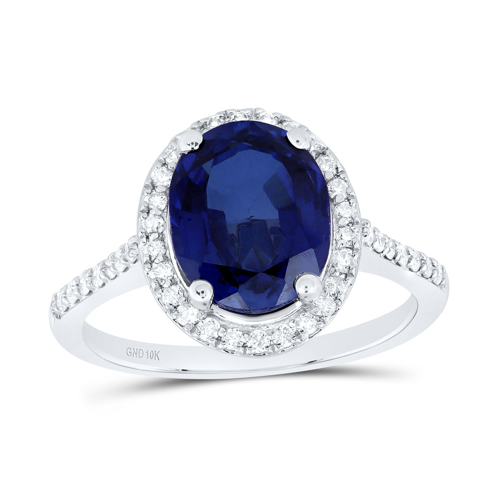 10kt White Gold 1/3 Cttw Natural Diamond 10x8 Mm Oval Blue Sapphire Synthetic Wedding Engagement Anniversary Ring, Women Size: 5-9
