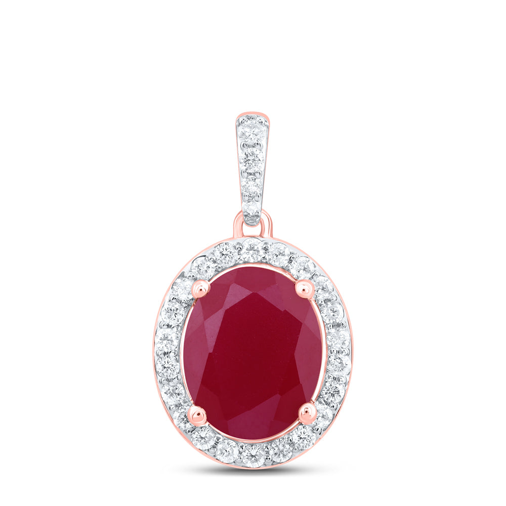 10kt Rose Gold 1/3 Cttw Natural Diamond 10x8 Mm Oval Ruby Synthetic Pendant