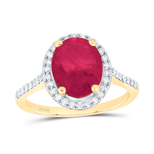 10kt Yellow Gold 1/3 Cttw Natural Diamond 10x8 Mm Oval Ruby Synthetic Wedding Engagement Anniversary Ring, Women Size: 5-9